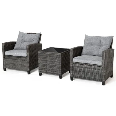 Tangkula 3-Piece Outdoor Wicker Conversation Set - Grey Rattan Patio Furniture with Tempered Glass Table 8 Tangkula 3-Piece Outdoor Wicker Conversation Set - Grey Rattan Patio Furniture with Tempered Glass Table - Image 8