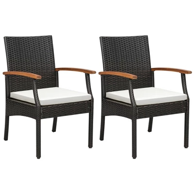 Tangkula Set Of 2 PE Wicker Chairs Acacia Wood Armrests W/ White Soft Zippered Cushion Patio 5 Tangkula Set Of 2 PE Wicker Chairs Acacia Wood Armrests W/ White Soft Zippered Cushion Patio - Image 5