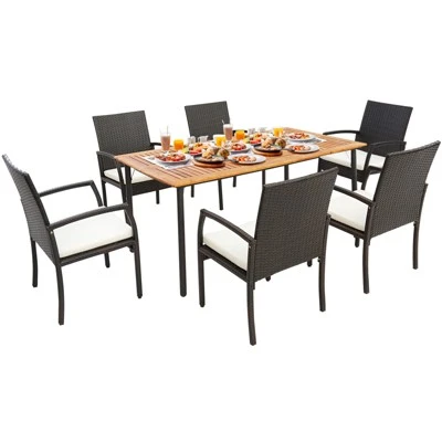 Tangkula 7-Piece Patio Wicker Dining Set - Acacia Wood Table & 6 Armchairs 5 Tangkula 7-Piece Patio Wicker Dining Set - Acacia Wood Table & 6 Armchairs - Image 5