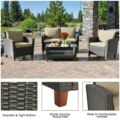 Tangkula 4PCS Cushioned Rattan Conversation Set W/ Coffee Table Patio Outdoor 7 Tangkula 4PCS Cushioned Rattan Conversation Set W/ Coffee Table Patio Outdoor - Image 7