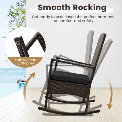 Tangkula 3 PCS Rocking Set Wicker Rocking Chairs W/ 2-Tier Coffee Table Patio Black 4 Tangkula 3 PCS Rocking Set Wicker Rocking Chairs W/ 2-Tier Coffee Table Patio Black - Image 4
