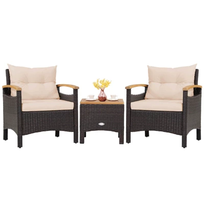 Tangkula 3-Piece Patio Rattan Conversation Set with Cozy Acacia Wood 5 Tangkula 3-Piece Patio Rattan Conversation Set with Cozy Acacia Wood - Image 5