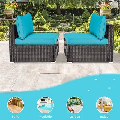 Tangkula 2PCS Patio Wicker Rattan Sectional Armless Chair Sofa W/ Turquoise Cushion 4 Tangkula 2PCS Patio Wicker Rattan Sectional Armless Chair Sofa W/ Turquoise Cushion - Image 4