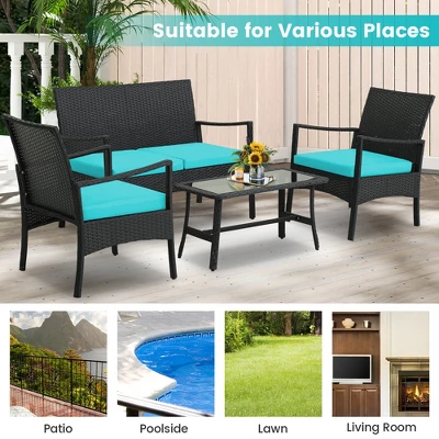 Tangkula 4PCS Patio Rattan PE Wicker Furniture Conversation Set W/ Sofa Chair & Table 7 Tangkula 4PCS Patio Rattan PE Wicker Furniture Conversation Set W/ Sofa Chair & Table - Image 7