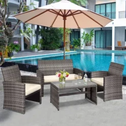 Tangkula 8PCS Patio Outdoor Rattan Furniture Set W/ Cushioned Chair Loveseat Table