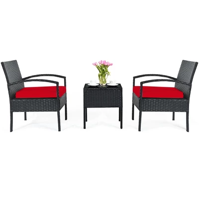 Tangkula 3 Pieces Patio Set Outdoor Wicker Rattan Furniture W/ Cushions Red 4 Tangkula 3 Pieces Patio Set Outdoor Wicker Rattan Furniture W/ Cushions Red - Image 4