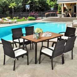 Tangkula 7-Piece Patio Rattan Dining Set with Acacia Wood Table & 6 Cushioned Chairs