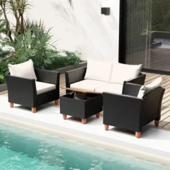 Tangkula 4-Piece Outdoor Wicker Conversation Set with Storage Coffee Table