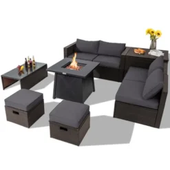 Tangkula 9PCS Outdoor Patio Furniture Set With 30" Propane Fire Pit Table PE Wicker Space-Saving Sectional Sofa Set W/ Storage Box & Cushions -Tangkula Shop GUEST 77f1c9ad a4d5 4201 9709 d012efe6db5d