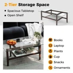 Tangkula 2-Tier Glass Coffee Table W/ Storage Shelf Solid Rubber Wood Legs For Office -Tangkula Shop GUEST 77feaed4 2a66 4ed8 8034 af3f639e2f13