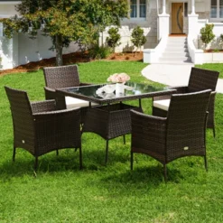 Tangkula 5-Piece Outdoor Rattan Dining Set - Patio Wicker Table & Cushioned Chairs