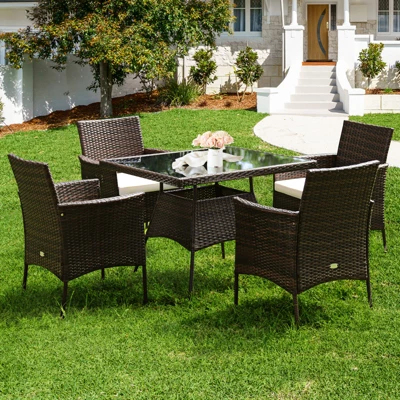 Tangkula 5-Piece Outdoor Rattan Dining Set - Patio Wicker Table & Cushioned Chairs 1 Tangkula 5-Piece Outdoor Rattan Dining Set - Patio Wicker Table & Cushioned Chairs