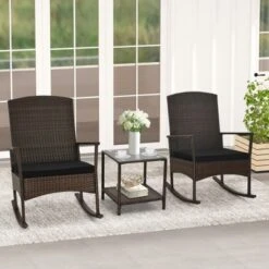 Tangkula 3 PCS Rocking Set Wicker Rocking Chairs W/ 2-Tier Coffee Table Patio Black