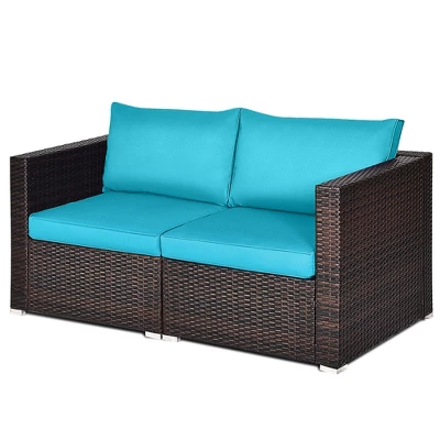 Tangkula 2PCS Rattan Corner Sofa Set Patio Outdoor Furniture Set W/ 4 Blue Cushions 9 Tangkula 2PCS Rattan Corner Sofa Set Patio Outdoor Furniture Set W/ 4 Blue Cushions - Image 9
