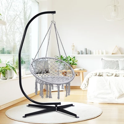 Tangkula Hammock Chair Hanging Cotton Rope Macrame Swing Chair W/ Stand Gray 2 Tangkula Hammock Chair Hanging Cotton Rope Macrame Swing Chair W/ Stand Gray - Image 2