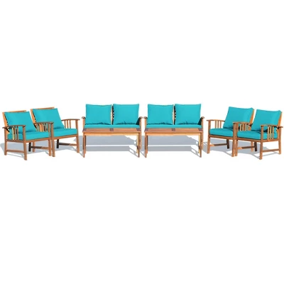 Tangkula 8pcs Wooden Patio Furniture Set Table & Sectional Sofa W/ Turquoise Cushion 10 Tangkula 8pcs Wooden Patio Furniture Set Table & Sectional Sofa W/ Turquoise Cushion - Image 10