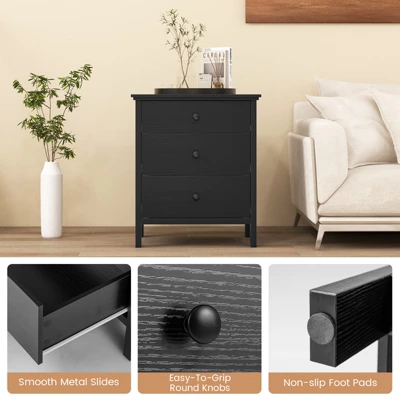 Tangkula 3-Drawer Modern Nightstand Bedside Table Wooden End Table White/Black 6 Tangkula 3-Drawer Modern Nightstand Bedside Table Wooden End Table White/Black - Image 6