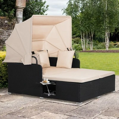 Tangkula Outdoor Wicker Lounge Daybed Hand-Woven PE Rattan Patio Loveseat Sofa Set With Retractable Canopy & 2 Side Tables With Soft Cushions Beige 1 Tangkula Outdoor Wicker Lounge Daybed Hand-Woven PE Rattan Patio Loveseat Sofa Set With Retractable Canopy & 2 Side Tables With Soft Cushions Beige