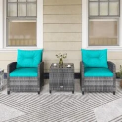 Tangkula 3-Piece Patio Bistro Set - Turquoise PE Rattan Conversation Set