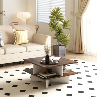 Tangkula 2-Tier Square Coffee Table 24" Living Room Center Table With 4 Storage Compartments 3 Tangkula 2-Tier Square Coffee Table 24" Living Room Center Table With 4 Storage Compartments - Image 3