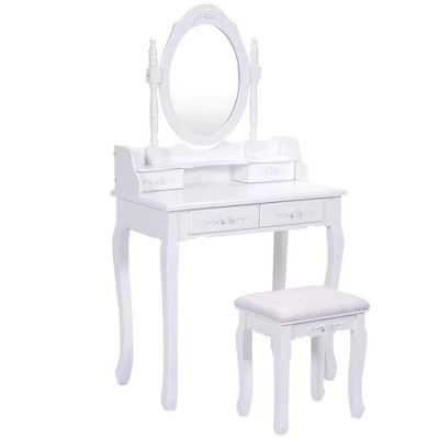 Tangkula Oval Mirror 4 Drawer Vanity Mirror Makeup Table W/ Cushioned Stool White 3 Tangkula Oval Mirror 4 Drawer Vanity Mirror Makeup Table W/ Cushioned Stool White - Image 3
