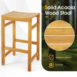 Tangkula 5 Pieces Patio Acacia Wood Bar Set Outdoor Bar Height Table & Saddle Stool Chairs Set