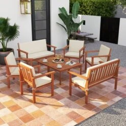 Tangkula 8 Pieces Patio Furniture Set, Acacia Wood Porch Chairs W/ Table
