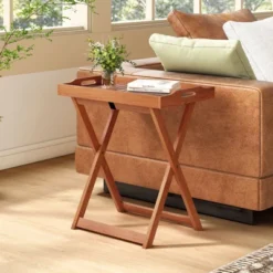 Tangkula Solid Wood Patio Tray Table with Removable Serving Top