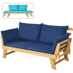 Tangkula Adjustable Patio Sofa Daybed Acacia Wood Furniture W/ Navy & Turquoise Sets Cushion -Tangkula Shop GUEST 7b653af1 ade7 4e1a a1a2 263690dbd5c6
