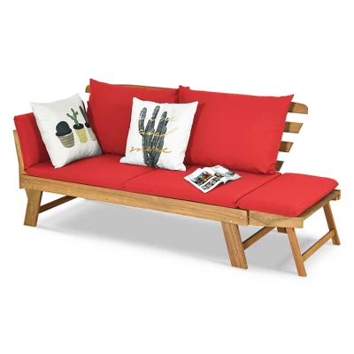 Tangkula Adjustable Patio Sofa Daybed Acacia Wood Furniture W/ Red Cushions 9 Tangkula Adjustable Patio Sofa Daybed Acacia Wood Furniture W/ Red Cushions - Image 9