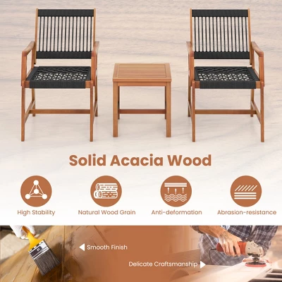 Tangkula 3 PCS Solid Acacia Wood Patio Set All-Weather Rope Woven Chair Garden Poolside 4 Tangkula 3 PCS Solid Acacia Wood Patio Set All-Weather Rope Woven Chair Garden Poolside - Image 4