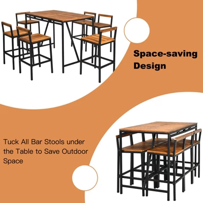 Tangkula 7-Piece Patio Rattan Bar Set with Acacia Wood Top and 6 Stools 3 Tangkula 7-Piece Patio Rattan Bar Set with Acacia Wood Top and 6 Stools - Image 3
