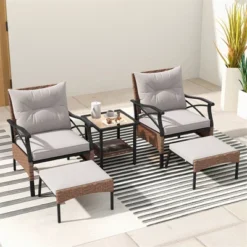 Tangkula 5-Piece Wicker Patio Furniture Set: 2 Rattan Chairs, Ottomans & 2-Tier Side Table