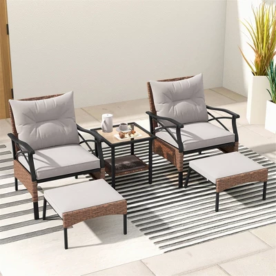 Tangkula 5-Piece Wicker Patio Furniture Set: 2 Rattan Chairs, Ottomans & 2-Tier Side Table 1 Tangkula 5-Piece Wicker Patio Furniture Set: 2 Rattan Chairs, Ottomans & 2-Tier Side Table