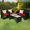 Tangkula 4-Piece Outdoor Patio Rattan Furniture Set - Red Cushions
