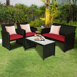 Tangkula 4-Piece Outdoor Patio Rattan Furniture Set - Red Cushions