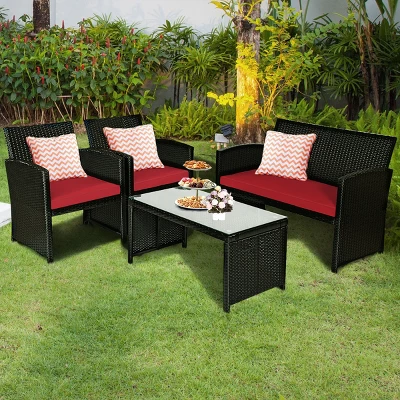 Tangkula 4-Piece Outdoor Patio Rattan Furniture Set - Red Cushions 1 Tangkula 4-Piece Outdoor Patio Rattan Furniture Set - Red Cushions