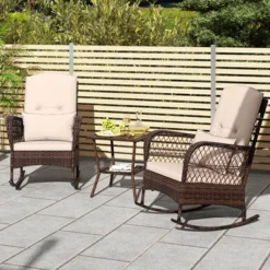 Tangkula 3-Piece Outdoor Wicker Rocker Set - 2 Chairs & Double-Layer Table