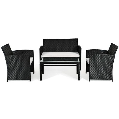 Tangkula 4 Piece Outdoor Patio Rattan Furniture Set Black Wicker Cushioned Seat For Garden, Porch, Lawn 6 Tangkula 4 Piece Outdoor Patio Rattan Furniture Set Black Wicker Cushioned Seat For Garden, Porch, Lawn - Image 6