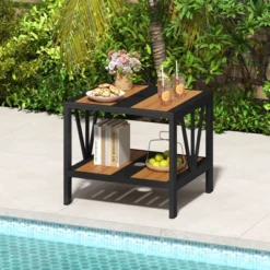 Tangkula 2-Tier Outdoor Side Table with 1.57" Umbrella Hole and Storage Shelf