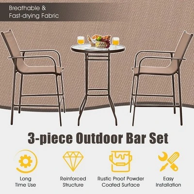 Tangkula 3PCS Patio Bar Set Outdoor Bistro Set W/ 2 Stools & 1 Tempered Glass Table Brown 4 Tangkula 3PCS Patio Bar Set Outdoor Bistro Set W/ 2 Stools & 1 Tempered Glass Table Brown - Image 4