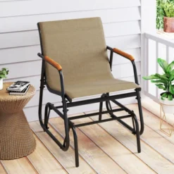 Tangkula Patio Glider Chair W/ Curved Teak Armrests & Breathable Fabric Seat Outdoor