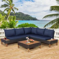 Tangkula 4PCS Acacia Wood Patio Furniture Set Rattan Conversation Set W/ Navy Cushions