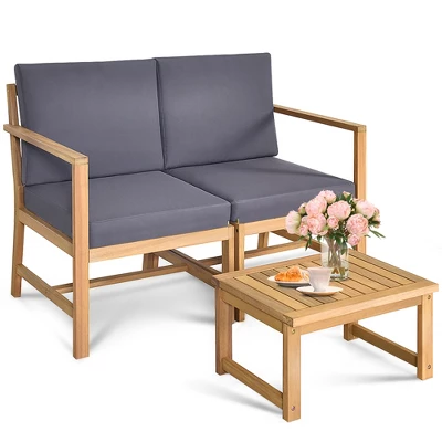 Tangkula 3 In 1 Patio Acacia Wood Table & Chairs Loveseat Bench With Coffee Table 2 Tangkula 3 In 1 Patio Acacia Wood Table & Chairs Loveseat Bench With Coffee Table - Image 2