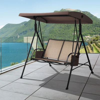 Tangkula 2-Person Patio Swing Seat Outdoor Porch Swing All Weather Hammock W/Canopy & Storage Pockets Brown 1 Tangkula 2-Person Patio Swing Seat Outdoor Porch Swing All Weather Hammock W/Canopy & Storage Pockets Brown