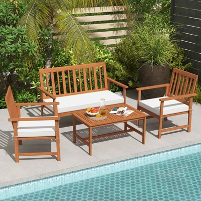 Tangkula 4-Piece Acacia Wood Patio Conversation Set Outdoor Furniture Set W/ 2 Armchairs 1 Tangkula 4-Piece Acacia Wood Patio Conversation Set Outdoor Furniture Set W/ 2 Armchairs