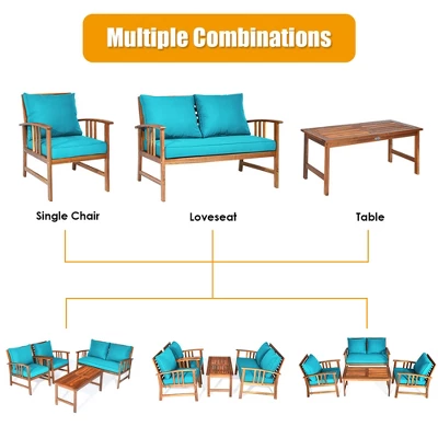 Tangkula 4pcs Wooden Patio Furniture Set Table & Sectional Sofa W/ Turquoise Cushion 3 Tangkula 4pcs Wooden Patio Furniture Set Table & Sectional Sofa W/ Turquoise Cushion - Image 3