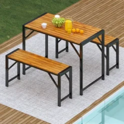 Tangkula 3-Piece Outdoor Dining Set with Acacia Wood Table and 2 Benches -Tangkula Shop GUEST 8081e471 7abb 49a2 b96f 8845f0efde8e