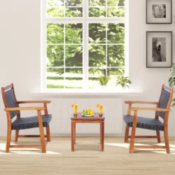 Tangkula 3 PCS Patio Rattan Bistro Set Outdoor Acacia Wood Table & Chairs Set
