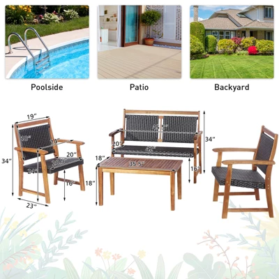 Tangkula 4PCS Patio Rattan Furniture Set Cushioned Loveseat & Table Set W/Acacia Wood Frame 2 Tangkula 4PCS Patio Rattan Furniture Set Cushioned Loveseat & Table Set W/Acacia Wood Frame - Image 2